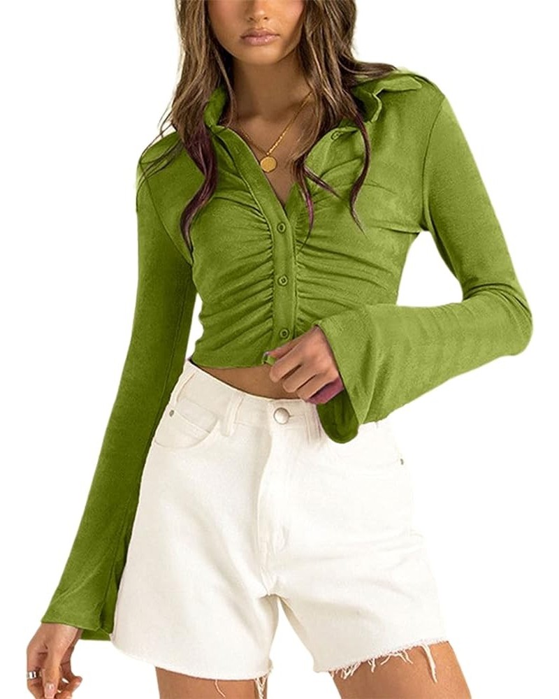 Women's V Neck Ruched Crop Top Long Sleeve Turn-Down Collar Shirt Green $13.74 Blouses