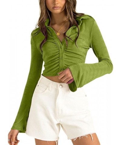 Women's V Neck Ruched Crop Top Long Sleeve Turn-Down Collar Shirt Green $13.74 Blouses