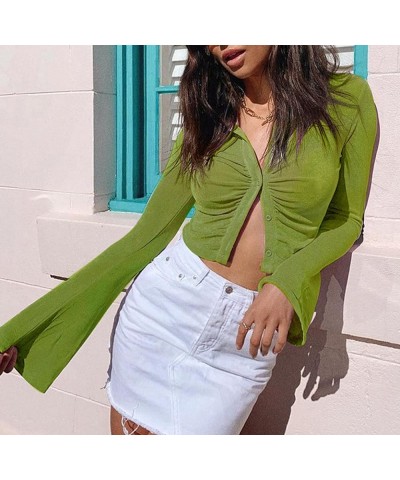 Women's V Neck Ruched Crop Top Long Sleeve Turn-Down Collar Shirt Green $13.74 Blouses