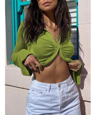 Women's V Neck Ruched Crop Top Long Sleeve Turn-Down Collar Shirt Green $13.74 Blouses