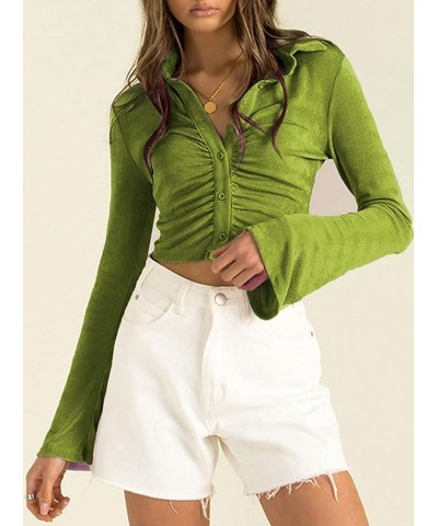 Women's V Neck Ruched Crop Top Long Sleeve Turn-Down Collar Shirt Green $13.74 Blouses