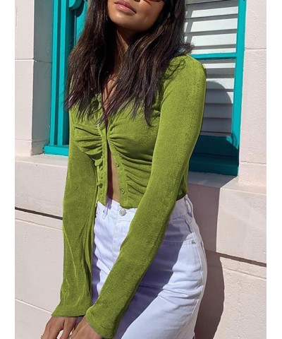 Women's V Neck Ruched Crop Top Long Sleeve Turn-Down Collar Shirt Green $13.74 Blouses