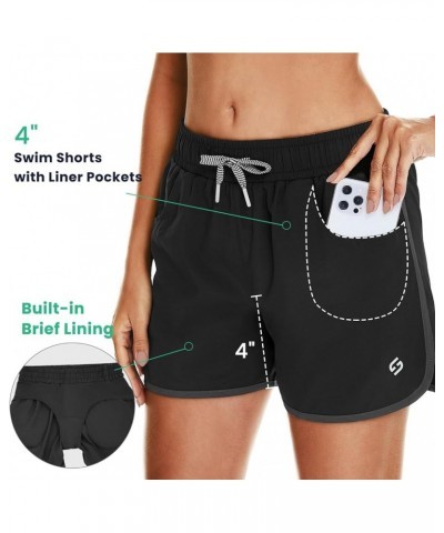 Women's 4" Swim Shorts Quick Dry Board Shorts Swimsuit Bottom with Pockets With Liner Black $9.60 Swimsuits