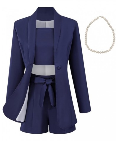 3 Pieces Business Outfits for Womens Comfortable Long Sleeve Blazer & Tied Shorts & Camisole Suits Set Navy $18.90 Suits