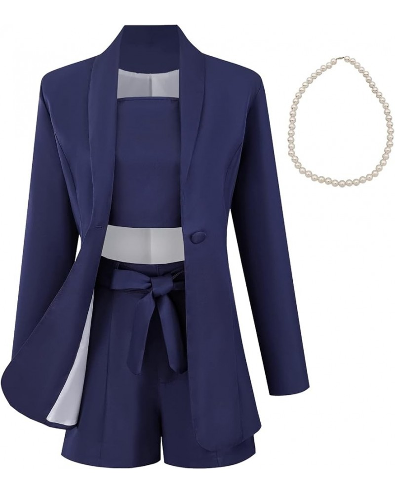 3 Pieces Business Outfits for Womens Comfortable Long Sleeve Blazer & Tied Shorts & Camisole Suits Set Navy $18.90 Suits