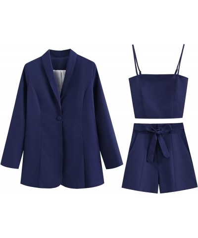 3 Pieces Business Outfits for Womens Comfortable Long Sleeve Blazer & Tied Shorts & Camisole Suits Set Navy $18.90 Suits