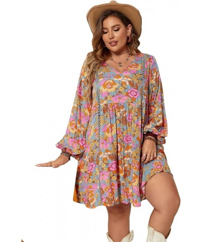 Women's Plus Size Floral Print V Neck Bishop Long Sleeve Flowy Smock Dress Multicoloured $19.71 Dresses