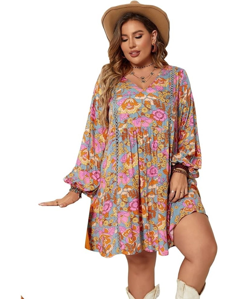 Women's Plus Size Floral Print V Neck Bishop Long Sleeve Flowy Smock Dress Multicoloured $19.71 Dresses