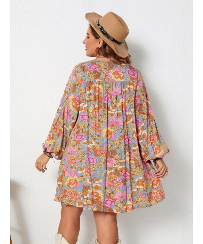 Women's Plus Size Floral Print V Neck Bishop Long Sleeve Flowy Smock Dress Multicoloured $19.71 Dresses