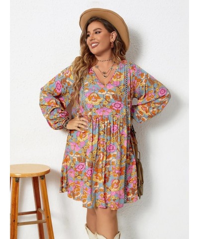 Women's Plus Size Floral Print V Neck Bishop Long Sleeve Flowy Smock Dress Multicoloured $19.71 Dresses