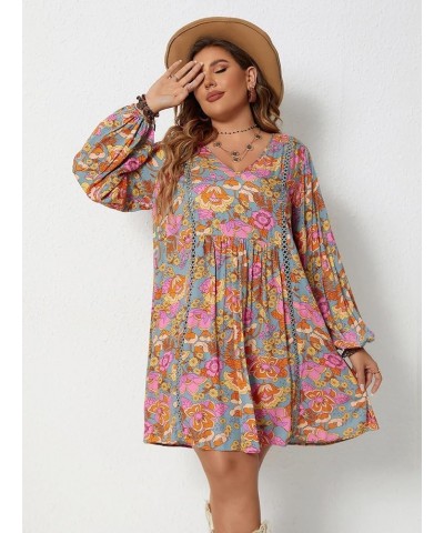 Women's Plus Size Floral Print V Neck Bishop Long Sleeve Flowy Smock Dress Multicoloured $19.71 Dresses