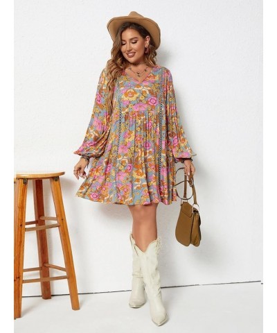 Women's Plus Size Floral Print V Neck Bishop Long Sleeve Flowy Smock Dress Multicoloured $19.71 Dresses