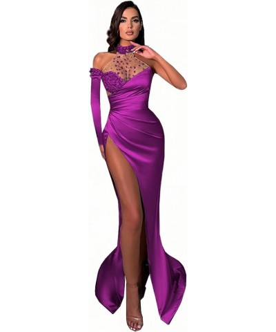 Beaded Prom Dresses with Slit Long One Shoulder Halter Satin Mermiad Evening Formal Gowns for Women 2024 DR0265 DR Purple $41...