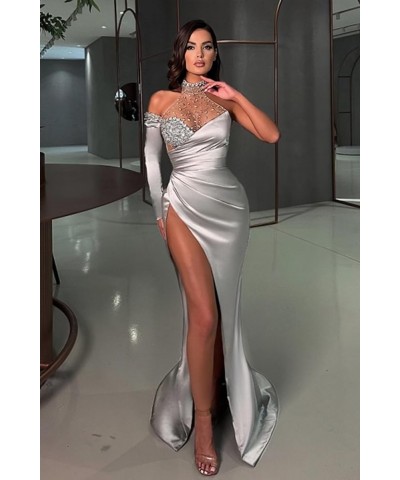 Beaded Prom Dresses with Slit Long One Shoulder Halter Satin Mermiad Evening Formal Gowns for Women 2024 DR0265 DR Purple $41...