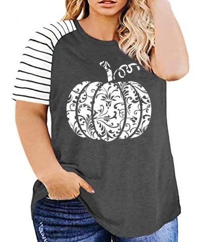 Plus Size Halloween Pumpkin T-Shirt Women Vintage Floral Pumpkin Graphic Tees Casual Short Sleeve Fall Tops Shirts Gray $11.1...