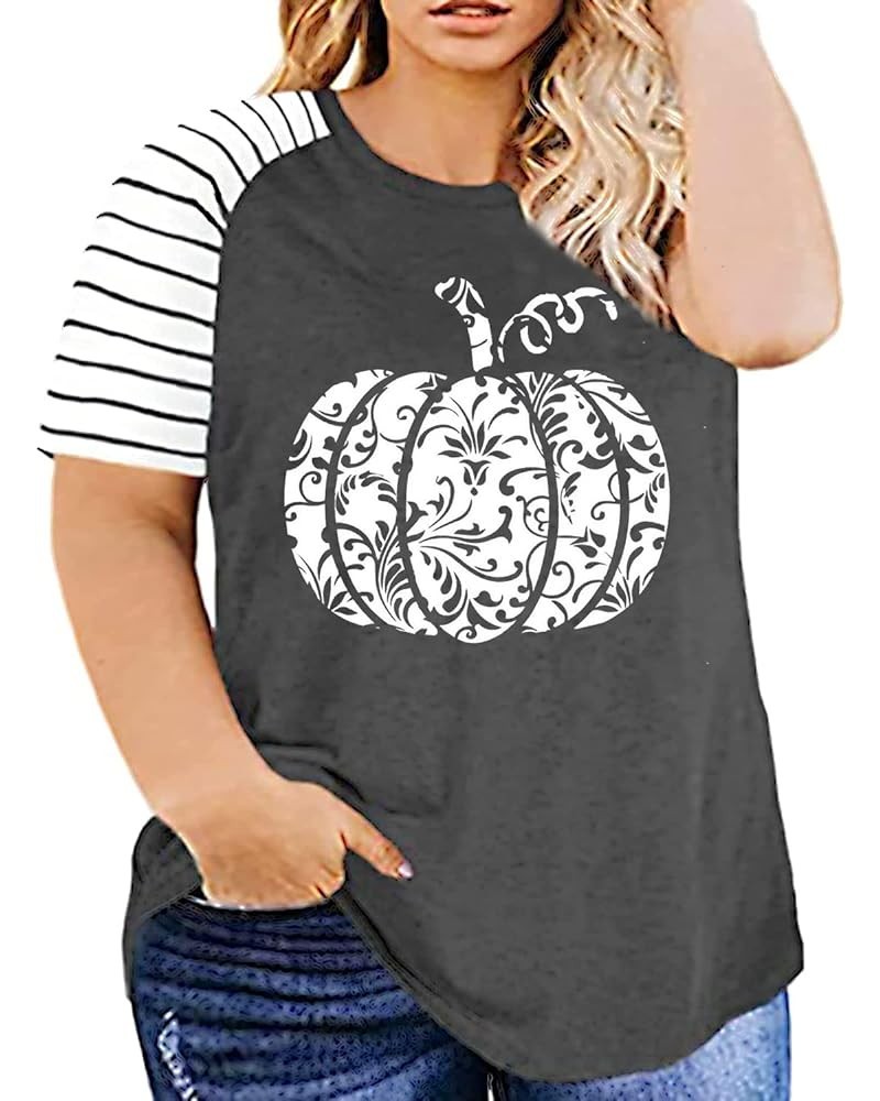 Plus Size Halloween Pumpkin T-Shirt Women Vintage Floral Pumpkin Graphic Tees Casual Short Sleeve Fall Tops Shirts Gray $11.1...