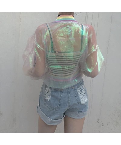 Women Girls Holographic Rainbow Jacket Iridescent See Through Mesh Jacket Sun-Proof Coat Rave Party Festival Outfit $15.39 Ja...