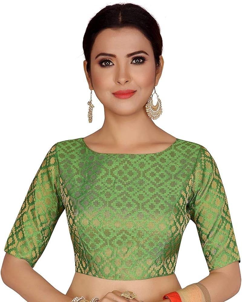 Designer Readymade Stitched Brocade Saree Blouse Poly Silk Fabric Craft Indian Sari Choli Tunic Top Women Wedding Wear Green ...