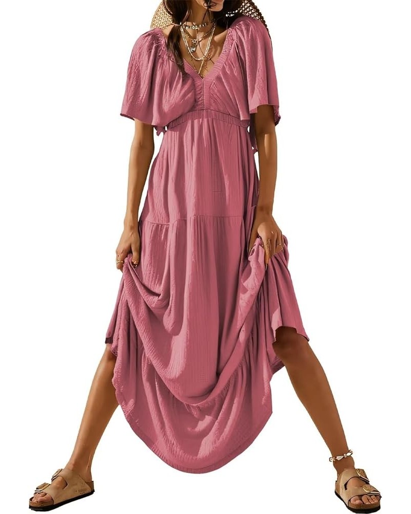 Women Casual V Neck Short Sleeve Tiered Long Maxi Dress,S-XXL 5 Pink $20.09 Dresses