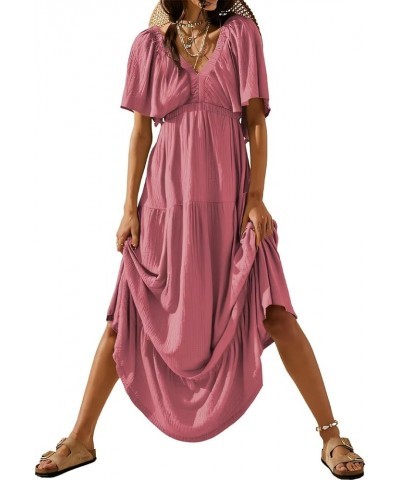 Women Casual V Neck Short Sleeve Tiered Long Maxi Dress,S-XXL 5 Pink $20.09 Dresses