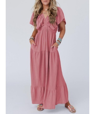 Women Casual V Neck Short Sleeve Tiered Long Maxi Dress,S-XXL 5 Pink $20.09 Dresses