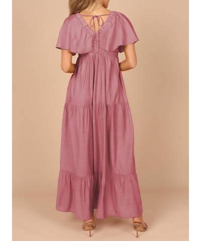 Women Casual V Neck Short Sleeve Tiered Long Maxi Dress,S-XXL 5 Pink $20.09 Dresses