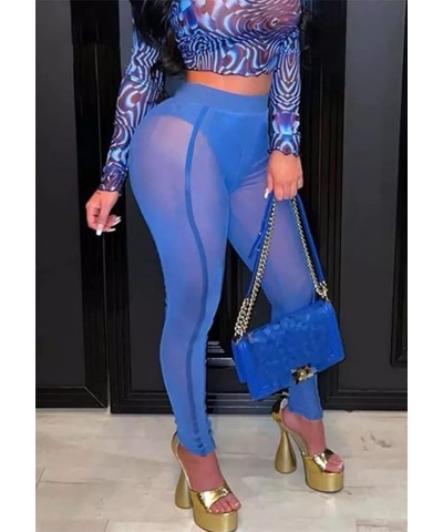 Women Sexy Mesh Sheer Leggings Skinny Tights High Waist Elastic Panty Lined Shapewear Blue $11.33 Leggings