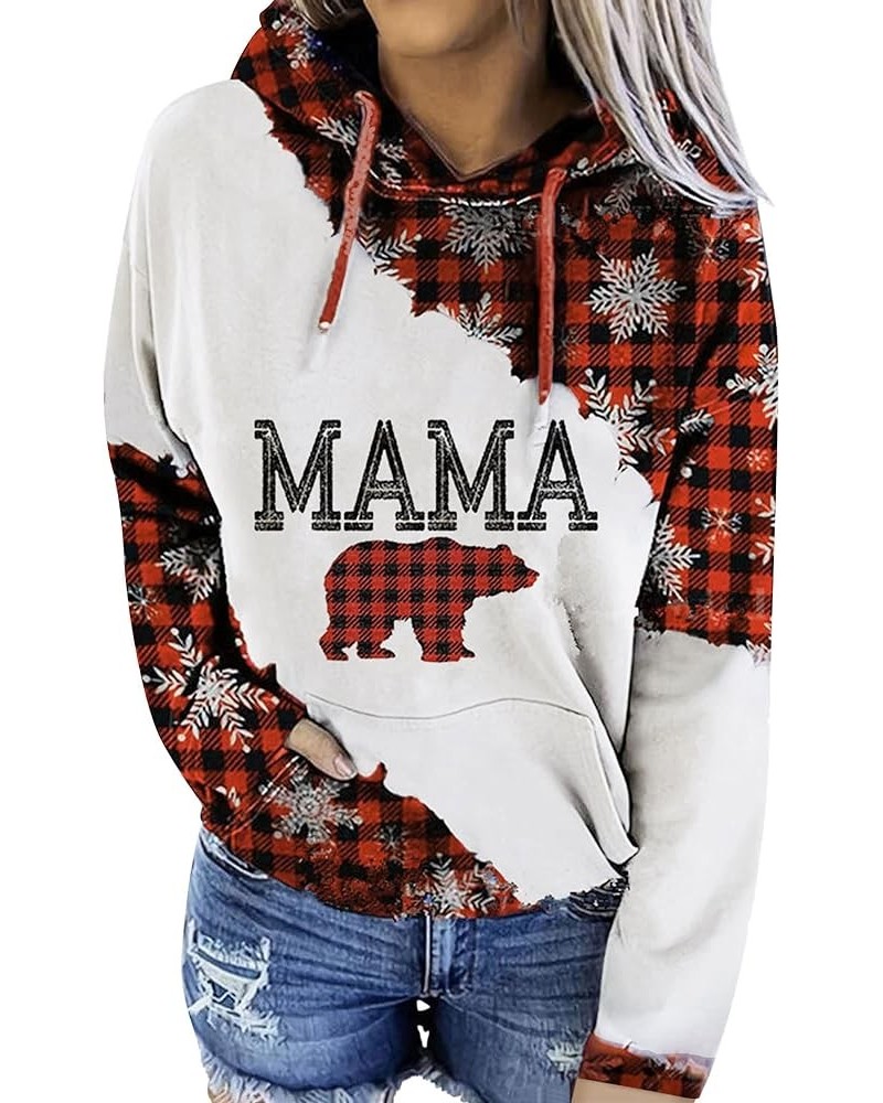 Women Mama Red Plaid Bear Snowflower Print Colorblock Spliced Kangaroo Pocket Hoodies Red $14.40 Hoodies & Sweatshirts