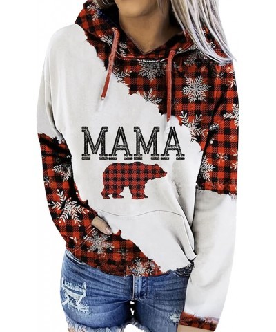 Women Mama Red Plaid Bear Snowflower Print Colorblock Spliced Kangaroo Pocket Hoodies Red $14.40 Hoodies & Sweatshirts