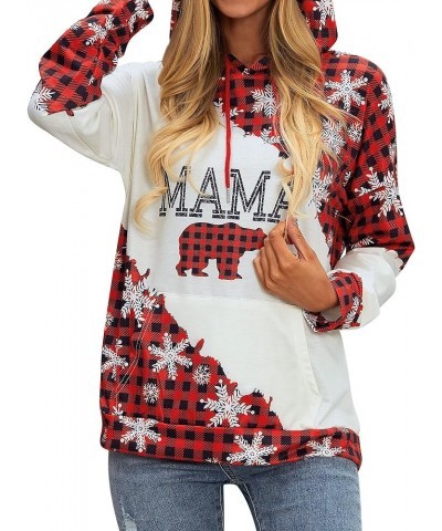 Women Mama Red Plaid Bear Snowflower Print Colorblock Spliced Kangaroo Pocket Hoodies Red $14.40 Hoodies & Sweatshirts