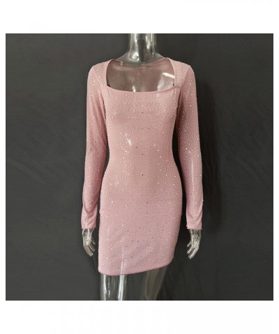 Women's Sexy Rhinestone Long Sleeve Bodycon Mini Dresses Party Club Night Dress Birthday Short Dress 01pink $19.59 Dresses