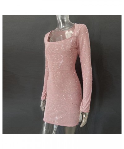 Women's Sexy Rhinestone Long Sleeve Bodycon Mini Dresses Party Club Night Dress Birthday Short Dress 01pink $19.59 Dresses