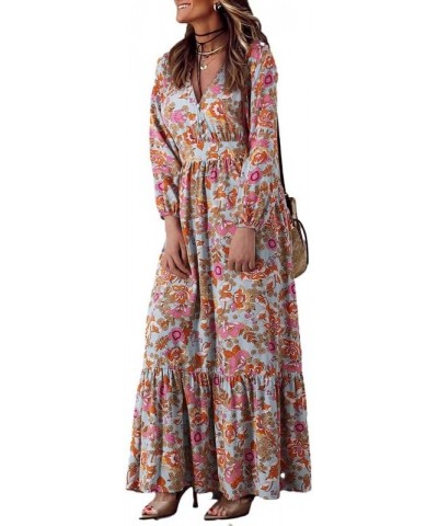 Women's 2024 Boho Maxi Dress Casual Long Puff Sleeve V Neck Ruffle A Line Flowy Casual Beach Dresses D Multicolour $20.20 Dre...