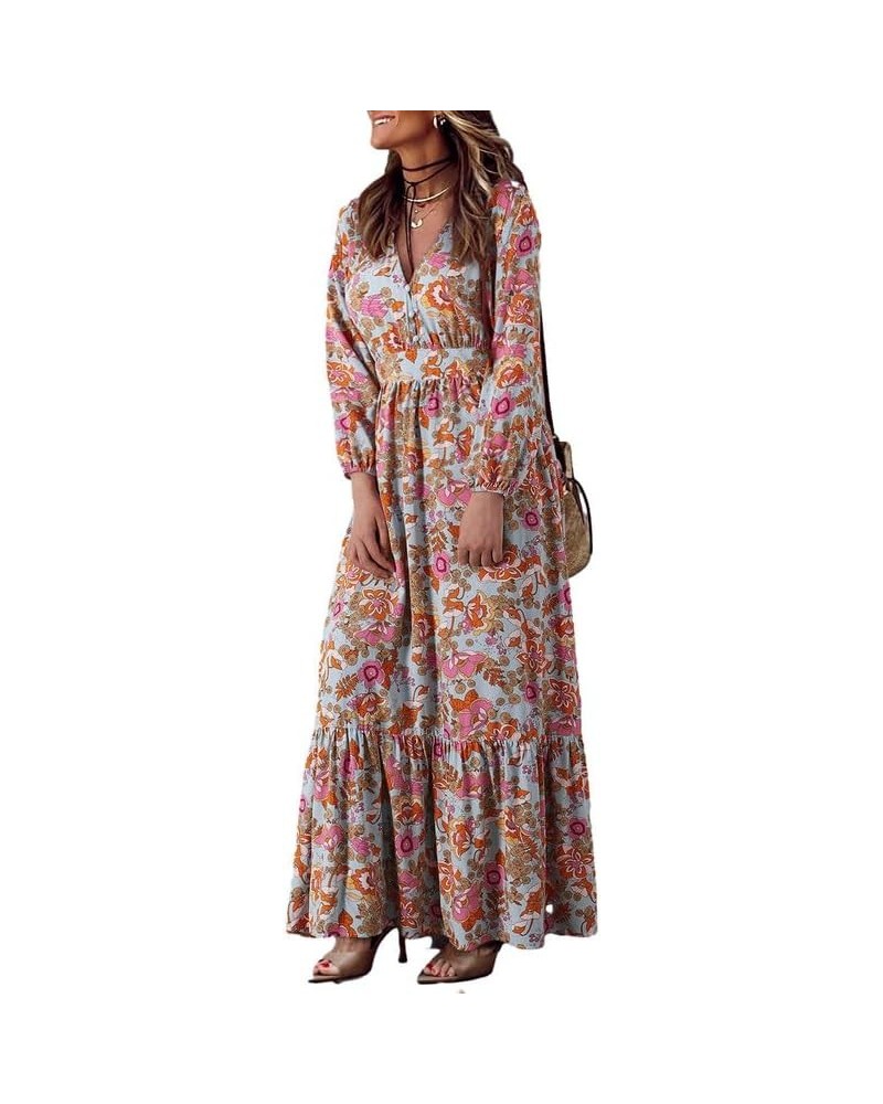 Women's 2024 Boho Maxi Dress Casual Long Puff Sleeve V Neck Ruffle A Line Flowy Casual Beach Dresses D Multicolour $20.20 Dre...