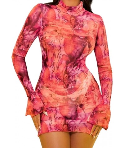 Women's Floral Tie Dye Sheer Mesh Mini Dress Sexy Mock Neck Split Bodycon Flared Long Sleeve Beach Party Dress Red $11.96 Dre...