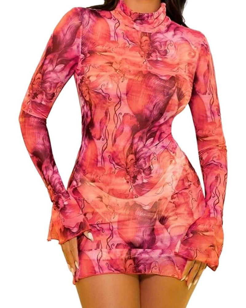 Women's Floral Tie Dye Sheer Mesh Mini Dress Sexy Mock Neck Split Bodycon Flared Long Sleeve Beach Party Dress Red $11.96 Dre...