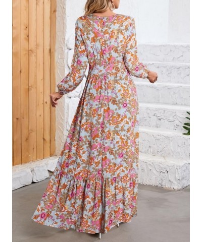 Women's 2024 Boho Maxi Dress Casual Long Puff Sleeve V Neck Ruffle A Line Flowy Casual Beach Dresses D Multicolour $20.20 Dre...