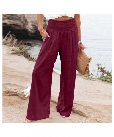 Linen Pants for Women Wide Leg Casual Summer Elastic High Waisted Palazzo Pant Baggy Flowy Beach Trousers with Pocket A19 Win...