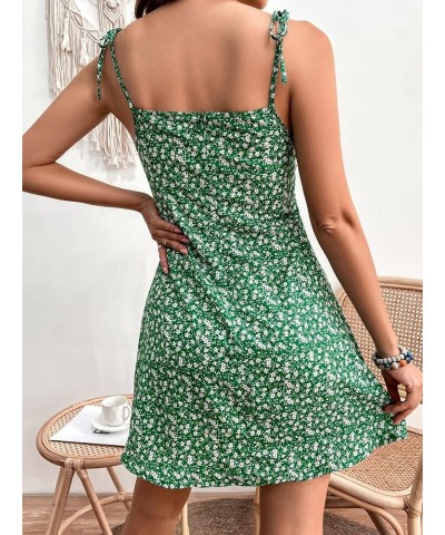 Women's Ditsy Floral Print Tie Shoulder Sleeveless Ruched Bust Drawstring Flared Hem Cami Mini Dress Green White $17.48 Dresses