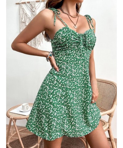 Women's Ditsy Floral Print Tie Shoulder Sleeveless Ruched Bust Drawstring Flared Hem Cami Mini Dress Green White $17.48 Dresses