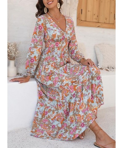 Women's 2024 Boho Maxi Dress Casual Long Puff Sleeve V Neck Ruffle A Line Flowy Casual Beach Dresses D Multicolour $20.20 Dre...