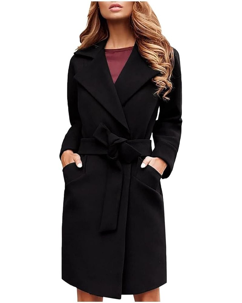 Women's Pea Coat Notched Collar Midi Long Elegant Trench A Line Dress Coat Lapel Long Cardigan Belted Slim Outwear Black S $1...