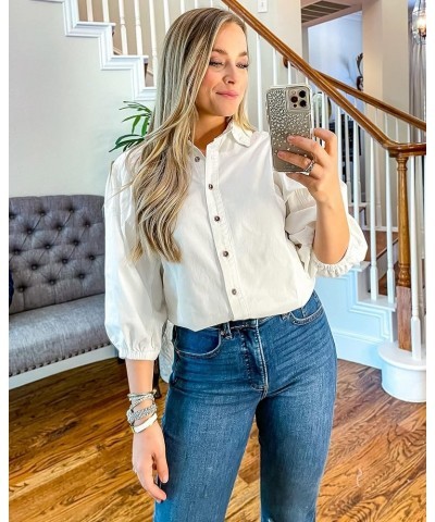 2023 Denim Shirt Women Button Down Chambray Oversized Puff Sleeve Blouses Distressed Western Jean Tops Brilliant White $14.35...