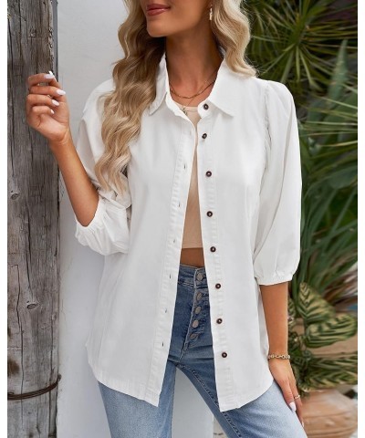 2023 Denim Shirt Women Button Down Chambray Oversized Puff Sleeve Blouses Distressed Western Jean Tops Brilliant White $14.35...