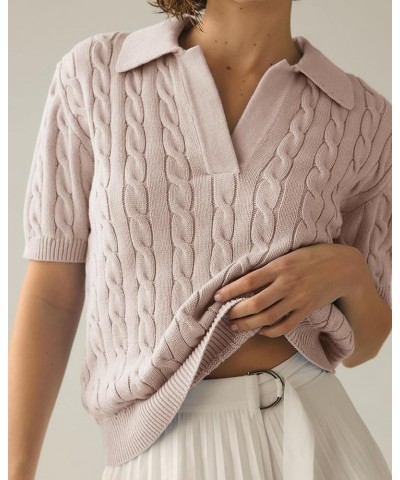 Women's Cable Short Sleeve Sweaters Tops Solid Lapel V Neck Knit Casual Soft Pullover Shirt Light Brown $15.20 Sweaters