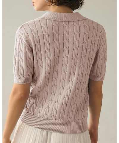 Women's Cable Short Sleeve Sweaters Tops Solid Lapel V Neck Knit Casual Soft Pullover Shirt Light Brown $15.20 Sweaters