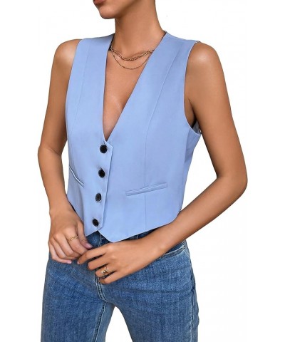 Women's Solid Sleeveless Button Front V Neck Vest Waistcoat Crop Top Blue $17.84 Vests