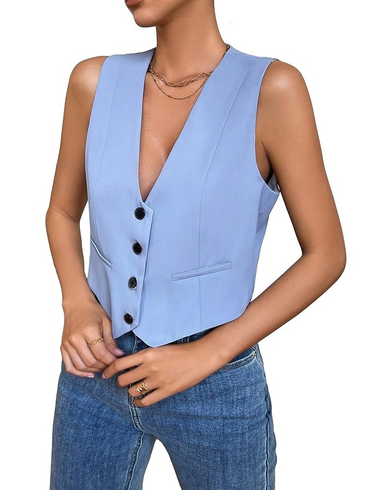 Women's Solid Sleeveless Button Front V Neck Vest Waistcoat Crop Top Blue $17.84 Vests