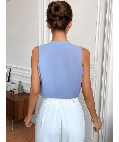 Women's Solid Sleeveless Button Front V Neck Vest Waistcoat Crop Top Blue $17.84 Vests