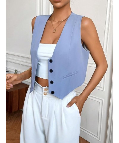 Women's Solid Sleeveless Button Front V Neck Vest Waistcoat Crop Top Blue $17.84 Vests